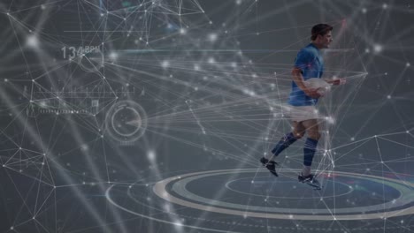 animation of network of connections and information processing over rugby player running with ball