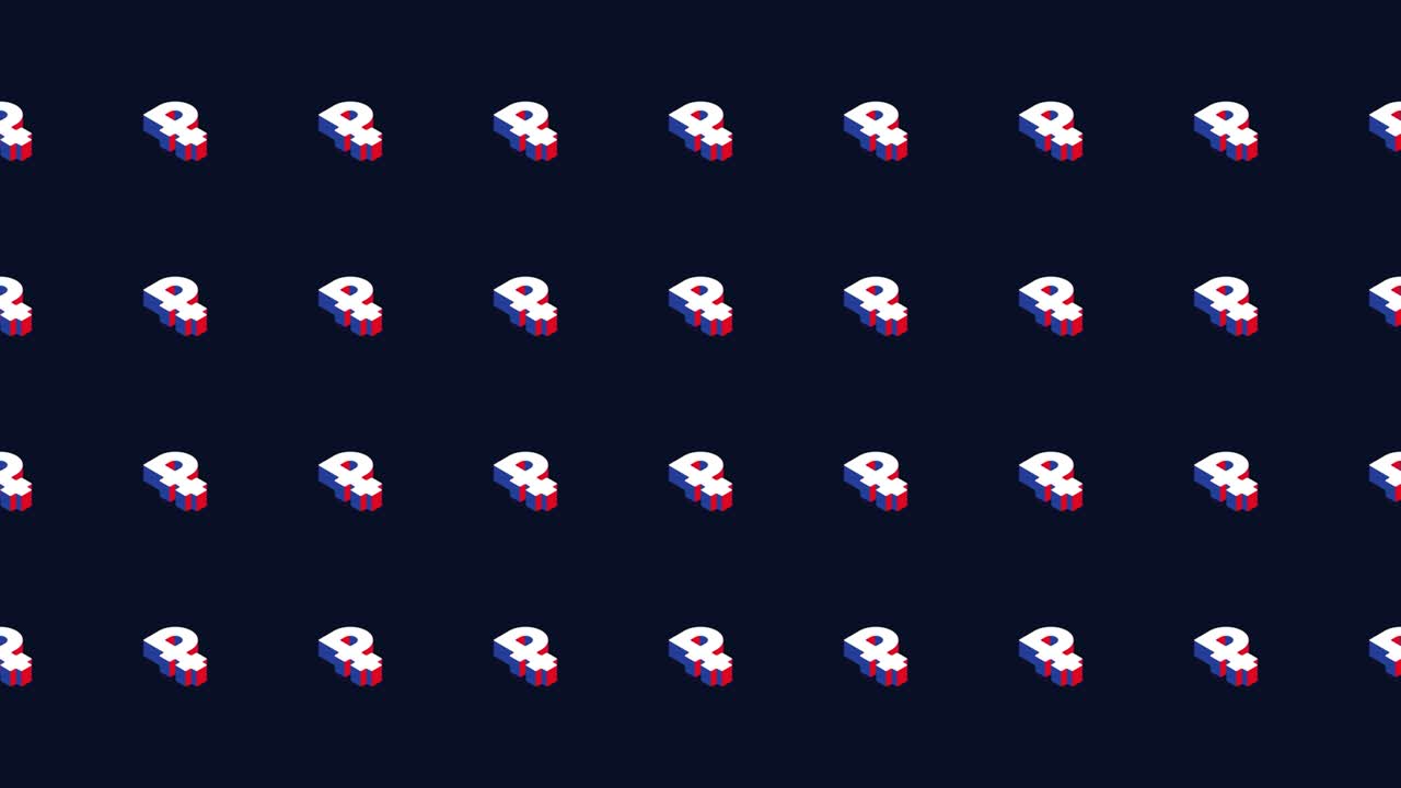 Russian Ruble isometric symbols in animated pattern on a dark background. Seamless loop animation