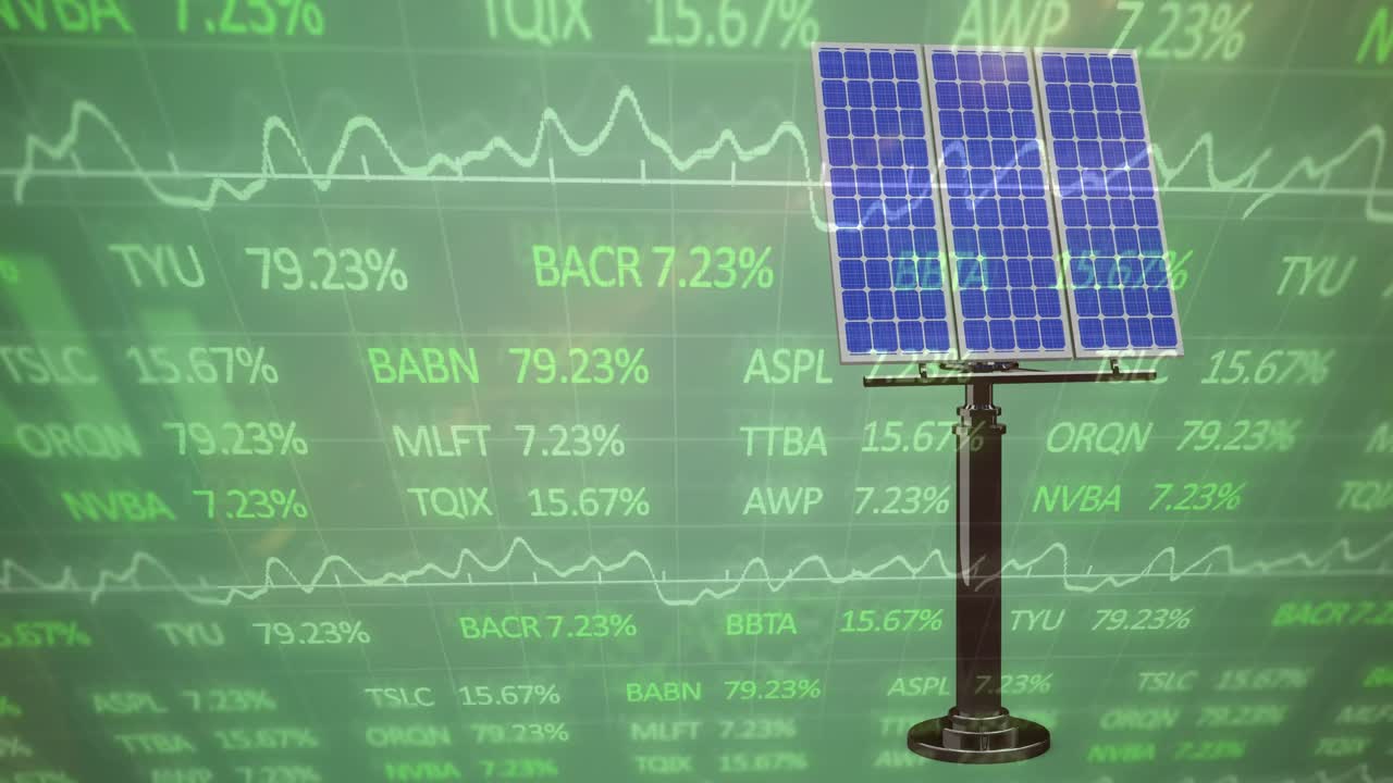 추상적인 배경에 대한 태양 패널 위의 거래 보드의 애니메이션