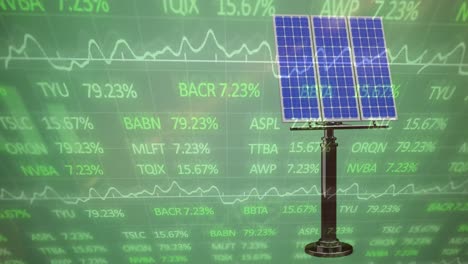 Animation-of-trading-board-over-solar-panel-against-abstract-background