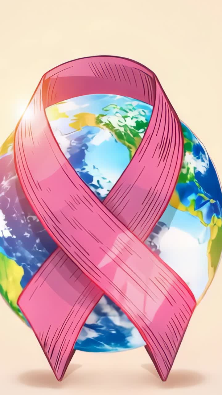 Video verticale: sovrapposizione di un nastro rosa su un globo rotante che mostra digitalmente la solidarietà contro il cancro