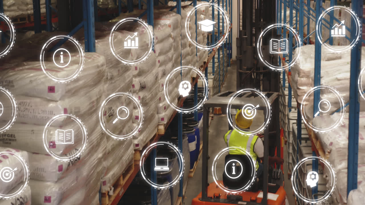 animación de iconos, vista trasera de un trabajador afroamericano apilando sacos usando una carretilla elevadora en un almacén