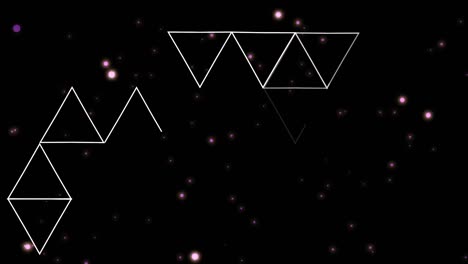 Animation-of-white-triangles-processing-over-glowing-pink-spots-on-black-background