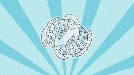 animación del símbolo de los peces sobre un fondo de rayas azules giratorias