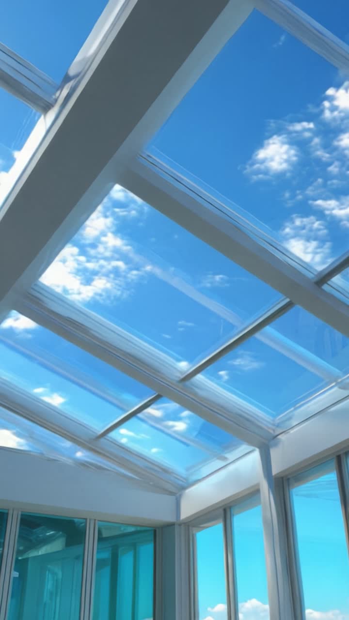 Una Vista Luminosa e Ariosa da un Lucernario che Mostra Cieli Blu Limpidi e Nuvole Sottili, Illuminando una Stanza Moderna con Abbondante Luce Naturale