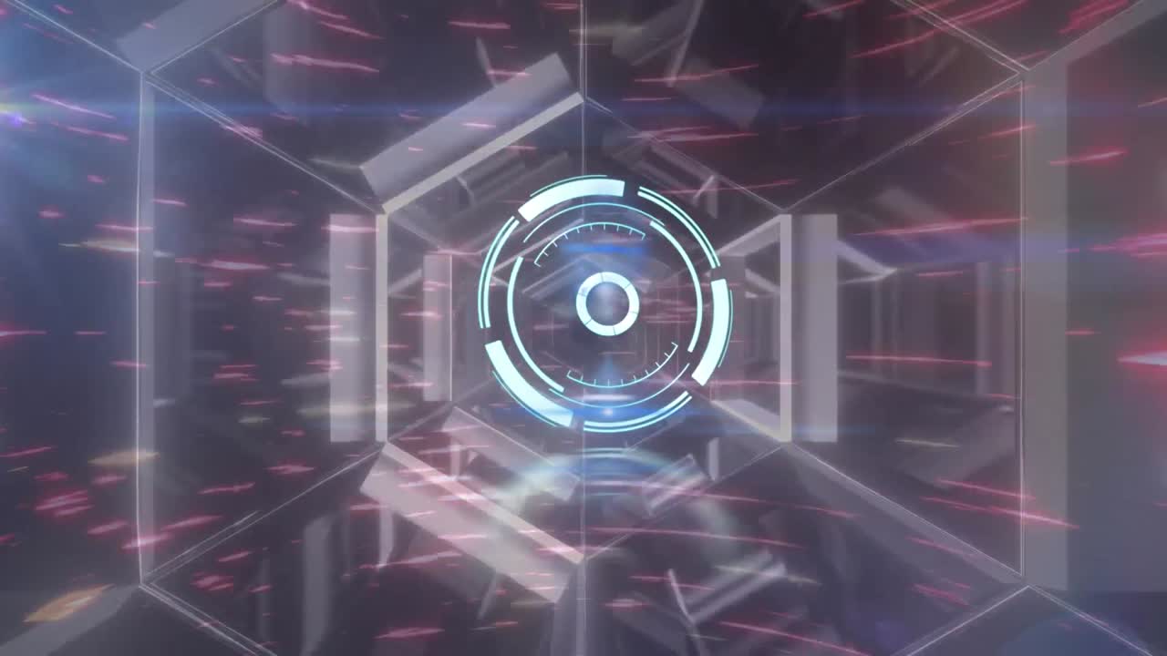 animación de círculos en túnel hexagonal, puntos, estrellas con patrón iluminado en rojo en el fondo.