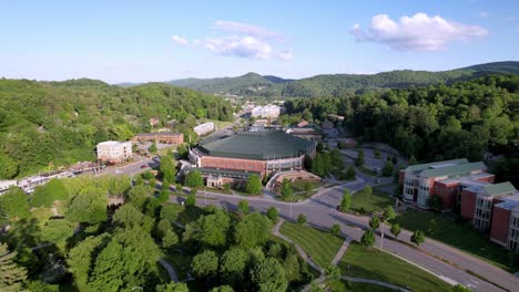 aerial push over holmes coliseum on the appalachian state university campus in boone nc, north carolina