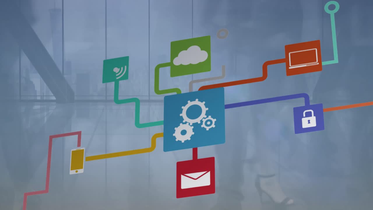 animación de formas y procesamiento de datos sobre fondo blanco