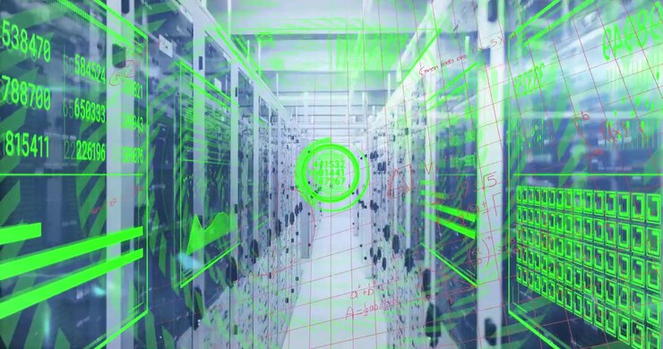 Animation of interface with data processing and mathematical equations against server room