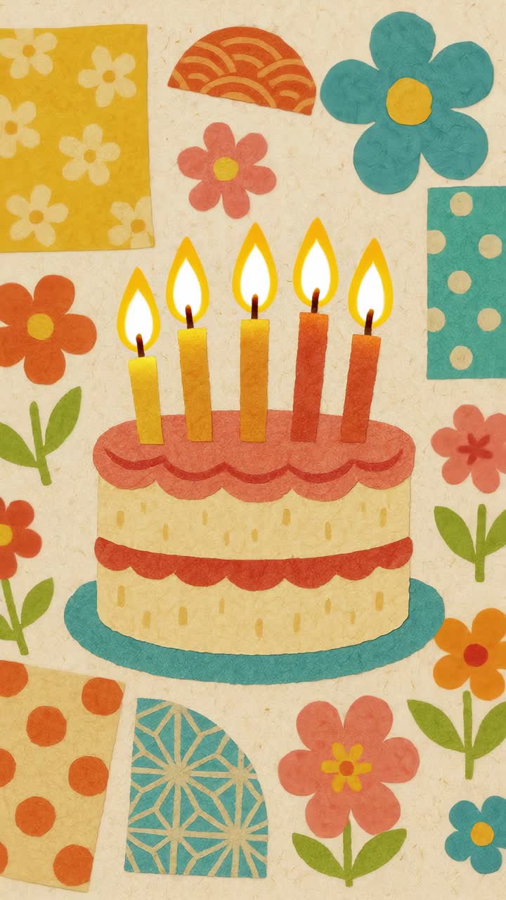 Colorful, top-down illustration of a birthday cake with lit candles, surrounded by floral patterns