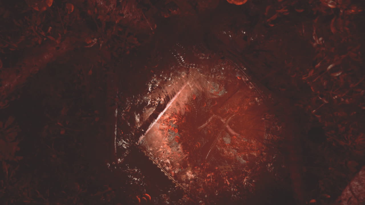 Geheimnisvolles rotes Licht erhellt den Waldboden bei Nacht und enthüllt verborgene Details