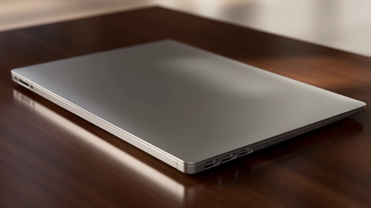 A closed silver laptop rests on a polished wooden table
