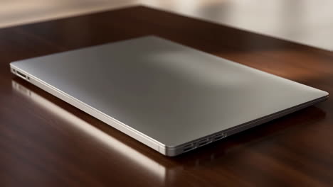 a closed silver laptop rests on a polished wooden table
