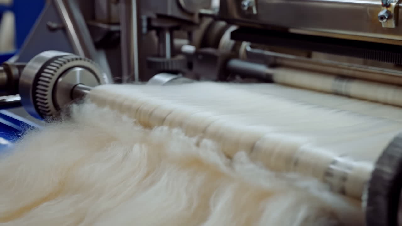 Industrial Wool Processing On Carding Machine. Closeup Of White Fiber Flowing Through Stainless Steel Rollers,