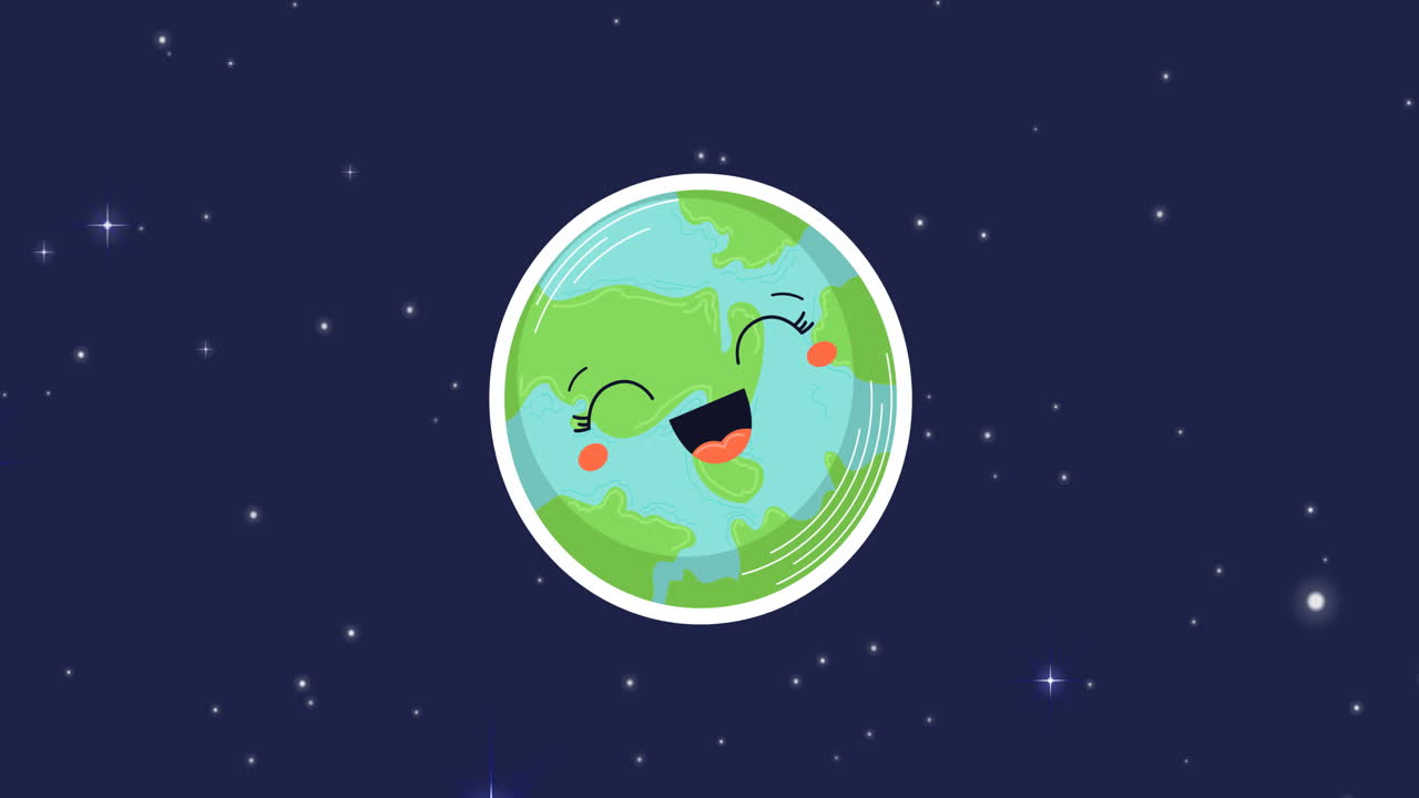 animación del universo con el planeta tierra sonriente y las estrellas en el cielo azul