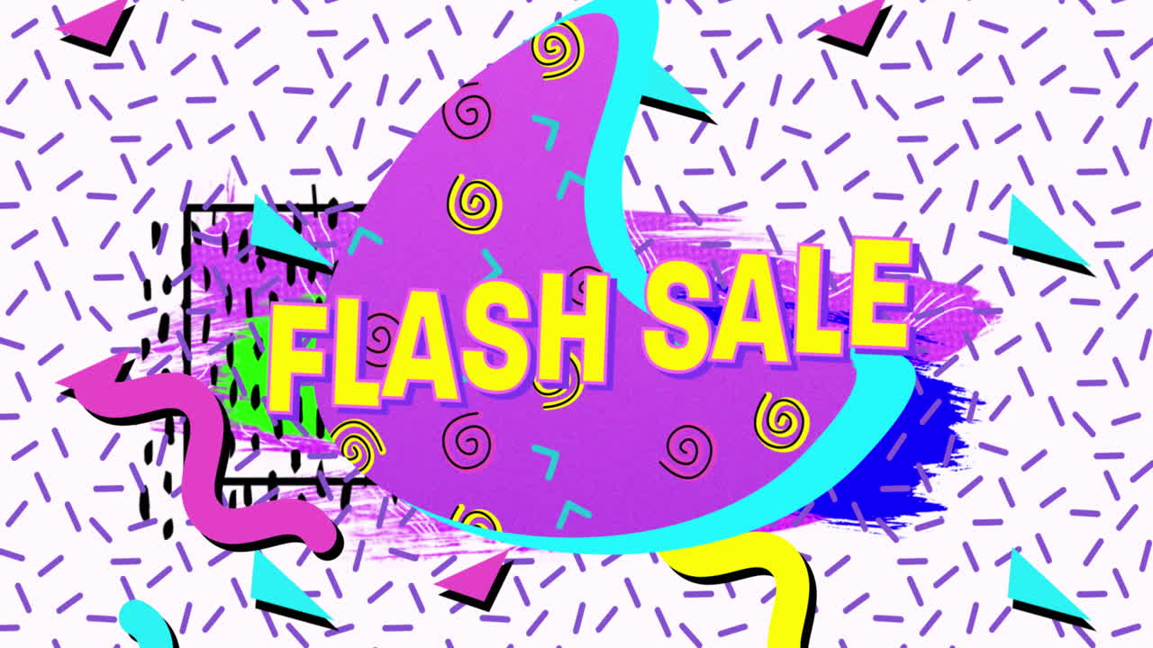 밝은 색의 레트로 패턴 위에 노란색 글자로 플래시 판매 텍스트의 애니메이션