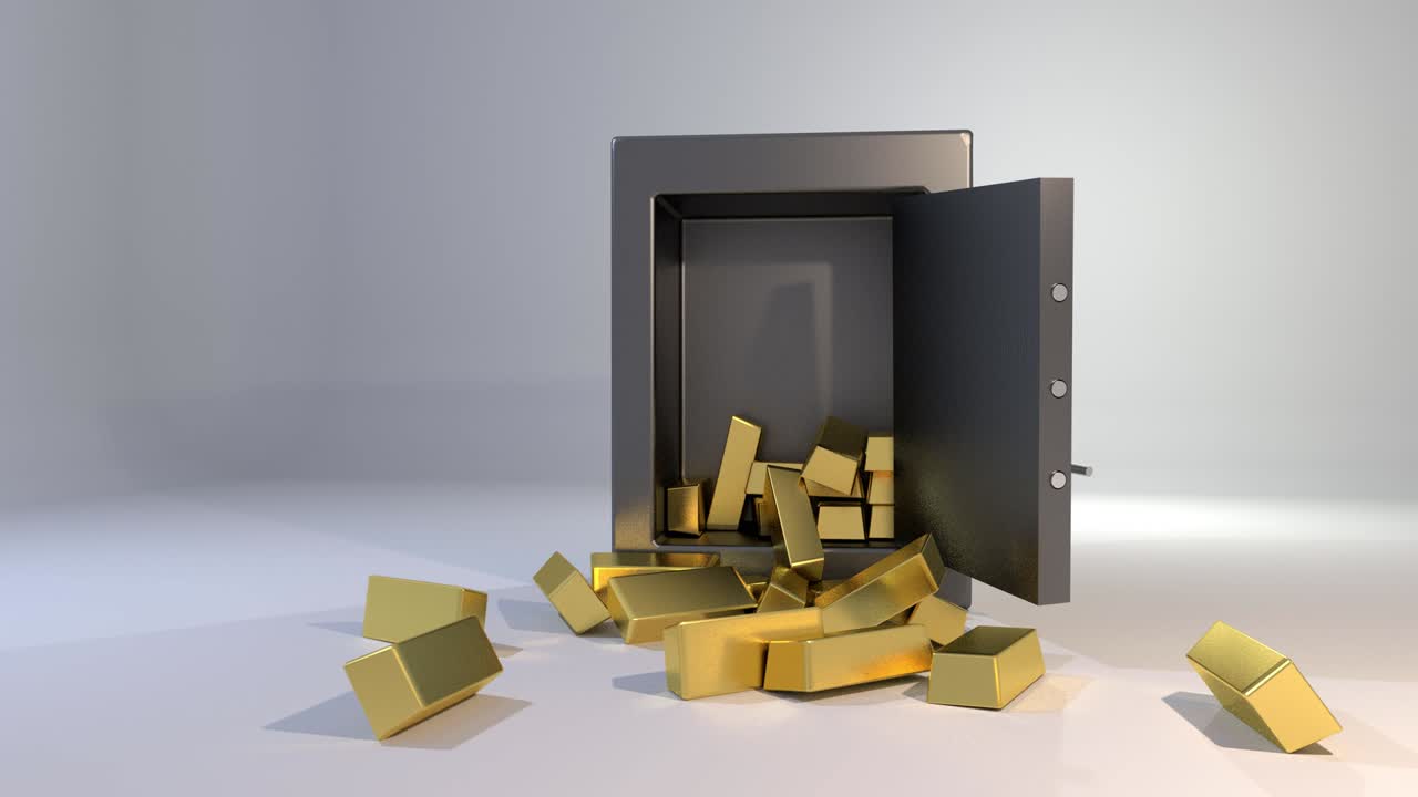 안전한 금고가 떨어지고 금이 떨어지고 귀중한 돈이 흘러내리며 4k를 착륙합니다.