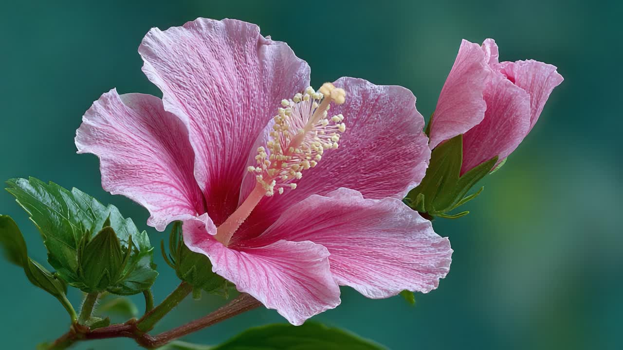 Splendidi fiori di ibisco rosa che sbocciano in modo affascinante con dettagli vividi su uno sfondo verde tenue.