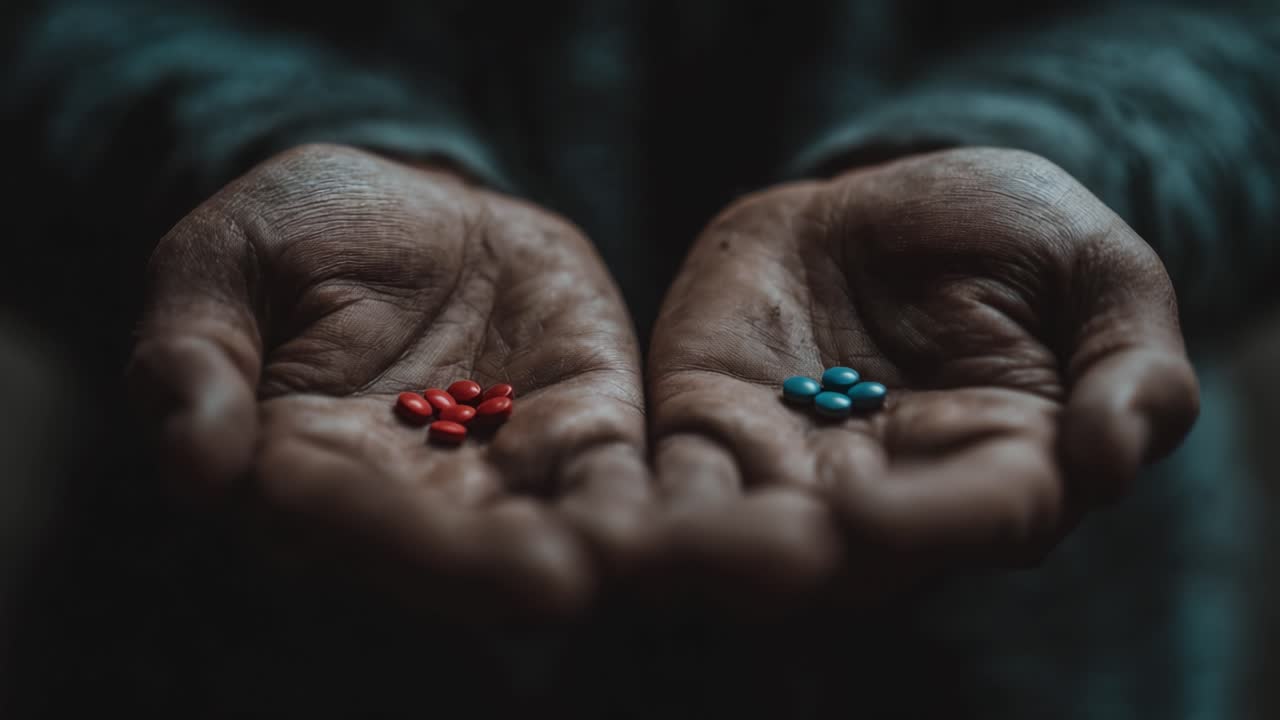 Una scelta profonda: esplorare il contrasto tra pillole rosse e blu tenute in mani tese che simboleggiano il processo decisionale e le conseguenze.