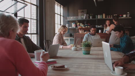 coffee shop with customers using digital devices shot on r3d