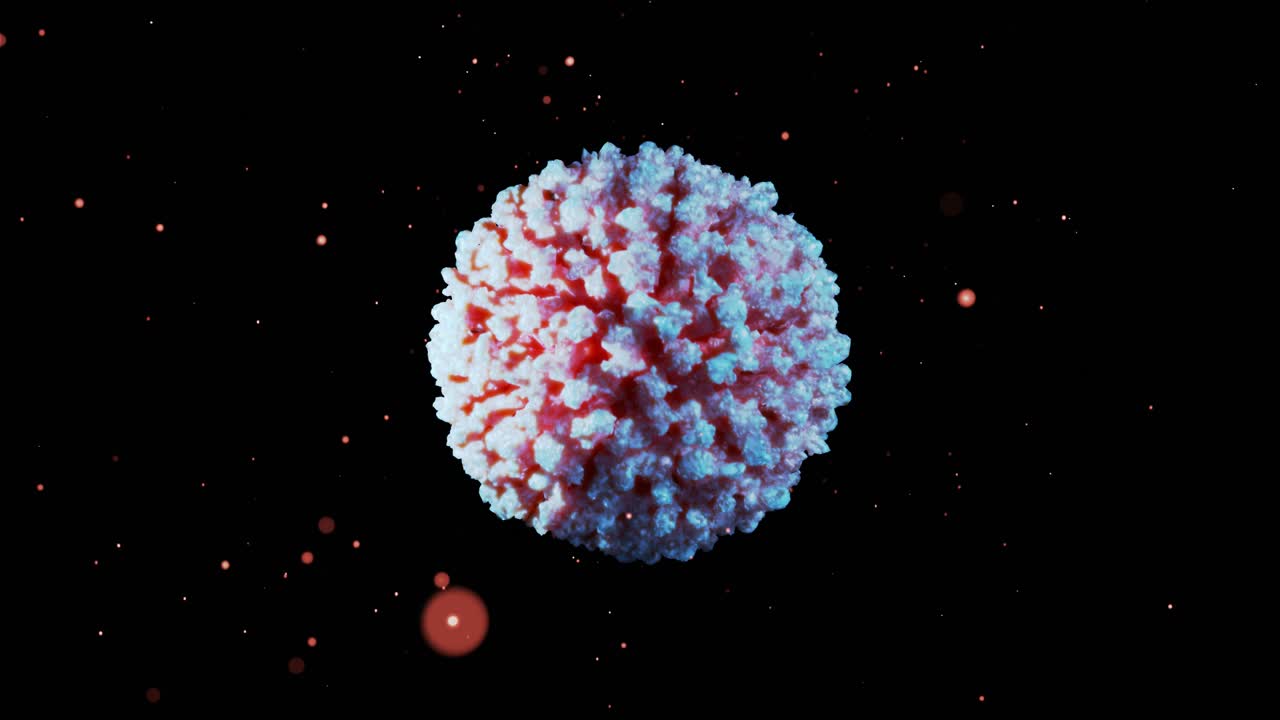 close-up coronavirus tipo covid-19, h1n1, gripe aviar o gripe porcina se mueven suavemente en fluido representación 3d del virus como fondo de bucle microscópico microbiológico. gradiente blanco rojo 12