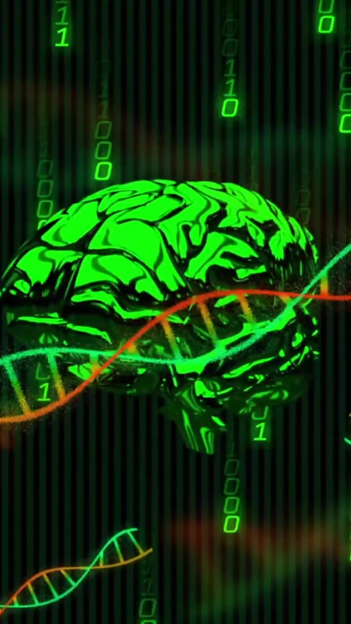 Animation of dna helixes, rotating digital human brain, falling binary codes over black background