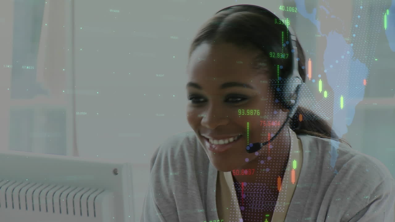 Animação de estatísticas e processamento de dados sobre empresária usando headset de telefone