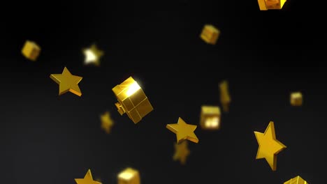 animación de estrellas doradas y regalos cayendo sobre un fondo negro.