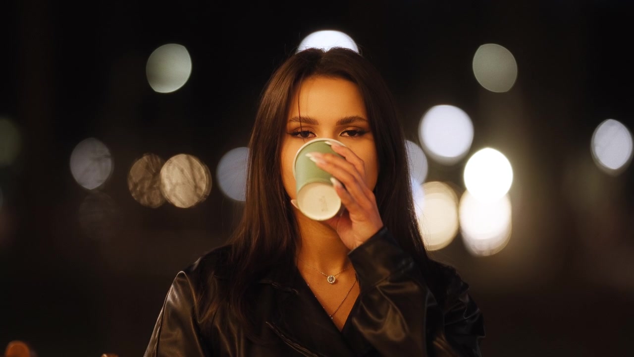 Joven Mujer Bebiendo Café para Llevar, Exterior Nocturno, Hermoso Bokeh, Primer Plano Cinematográfico a Cámara Lenta