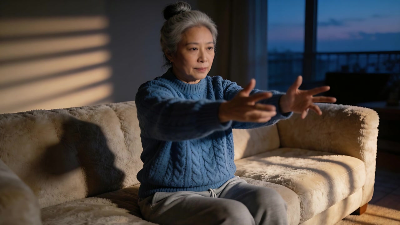 Al calar della sera, una donna anziana con un maglione blu si stira e si rilassa sul divano di casa