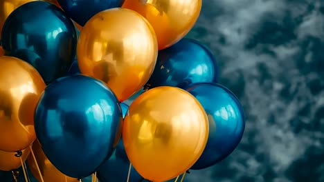 a bunch of blue and gold balloons floating in the air