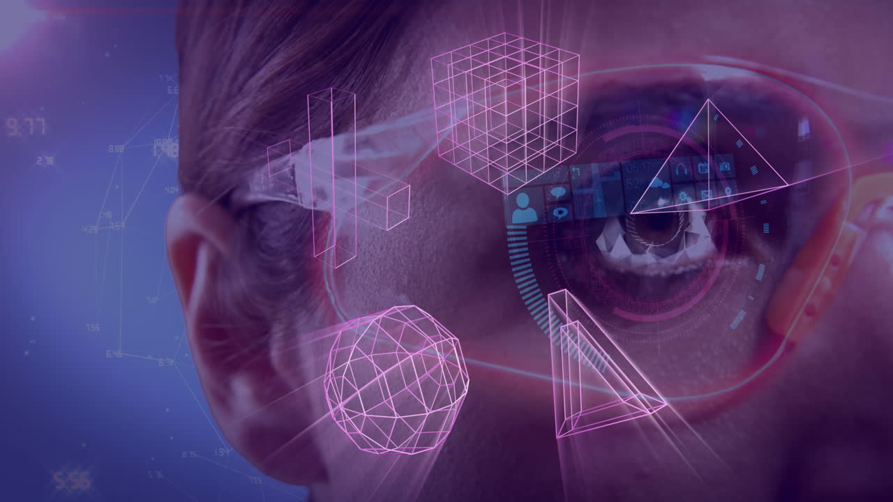 animación de formas 3d brillantes de transferencia de datos sobre mujer caucásica en auriculares vr