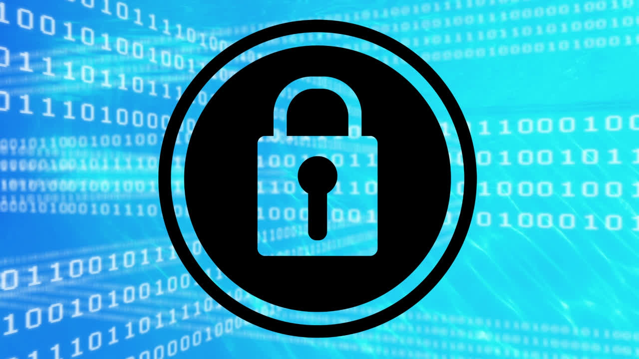 animación de codificación binaria y candado de seguridad en línea sobre fondo azul