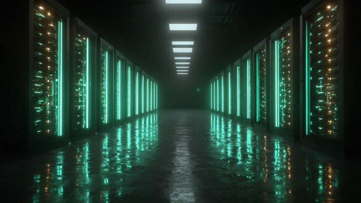 A Stunning Visual of a Futuristic Data Center Featuring Rows of Illuminated Server Racks Reflecting in a Polished Floor, Creating an Atmosphere of High Technology and Innovation