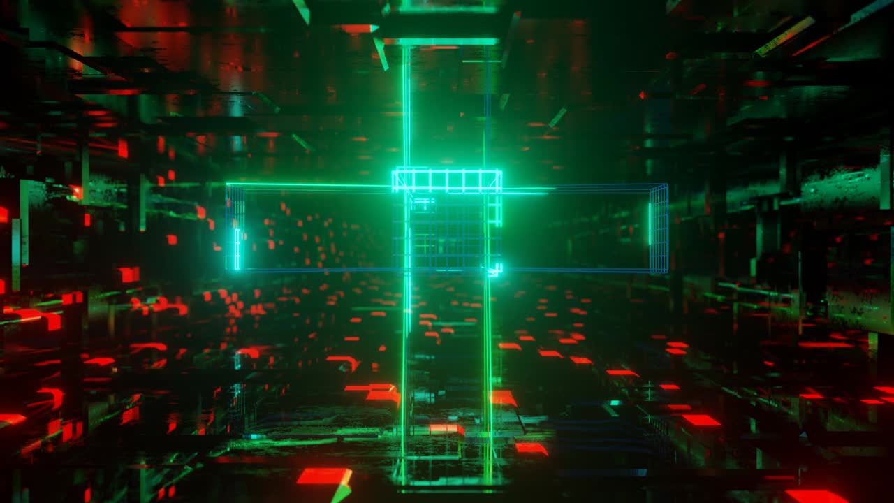 3d 객체 또는 구조물은 네온 빛, 밝은 반사와 함께 유리 거울 터널 안에서 회전하고 움직입니다. 환상적인 추상적인 bg 4k에서 looped. vj for show. sci fi bg fly hi tech tunnel. cross structure