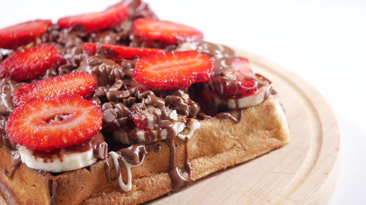 Gourmet Waffle with Fresh Strawberries, Bananas, and Chocolate Toppings