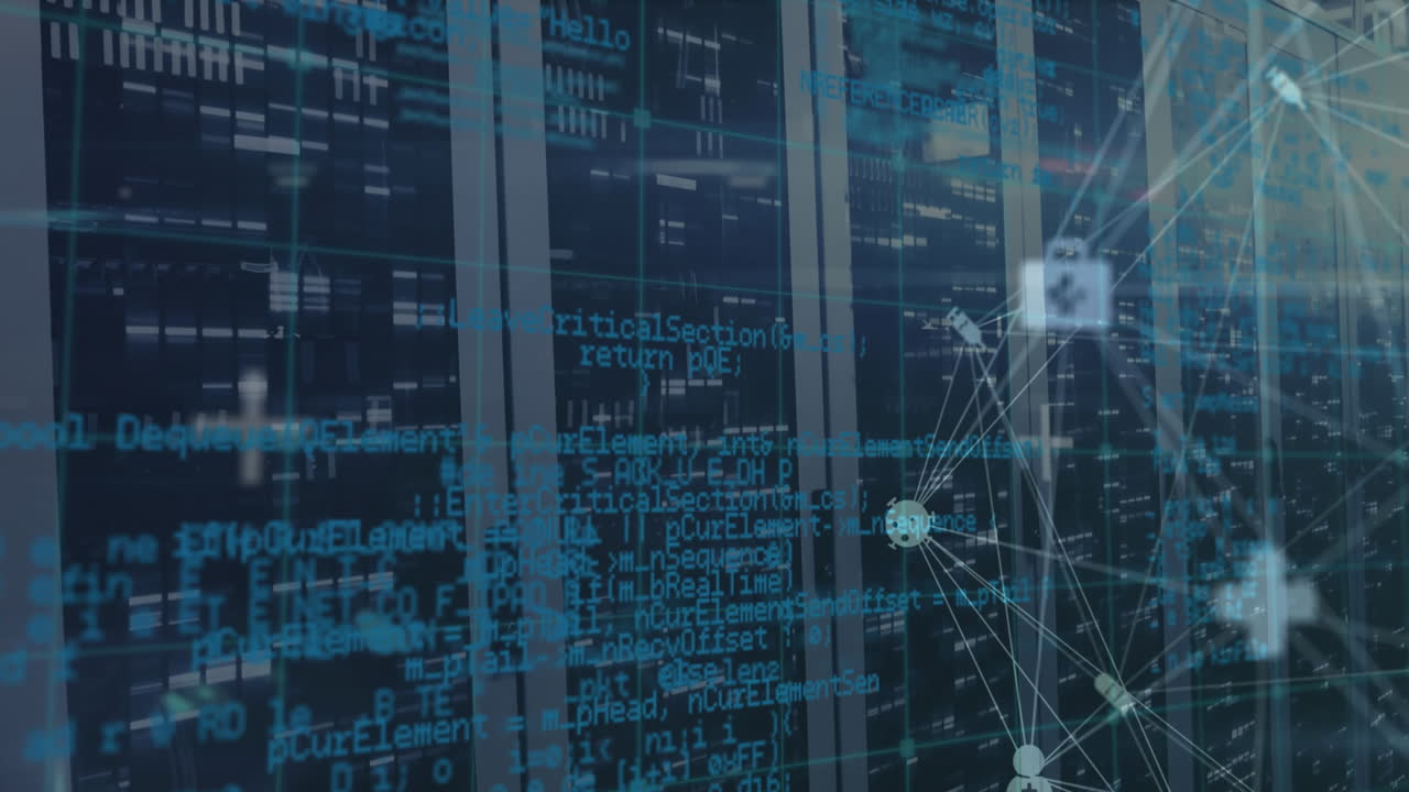 Animation of data processing over media icons and server room