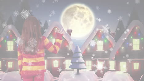 animation of winter scenery with girl waving and santa in sleigh with reindeer