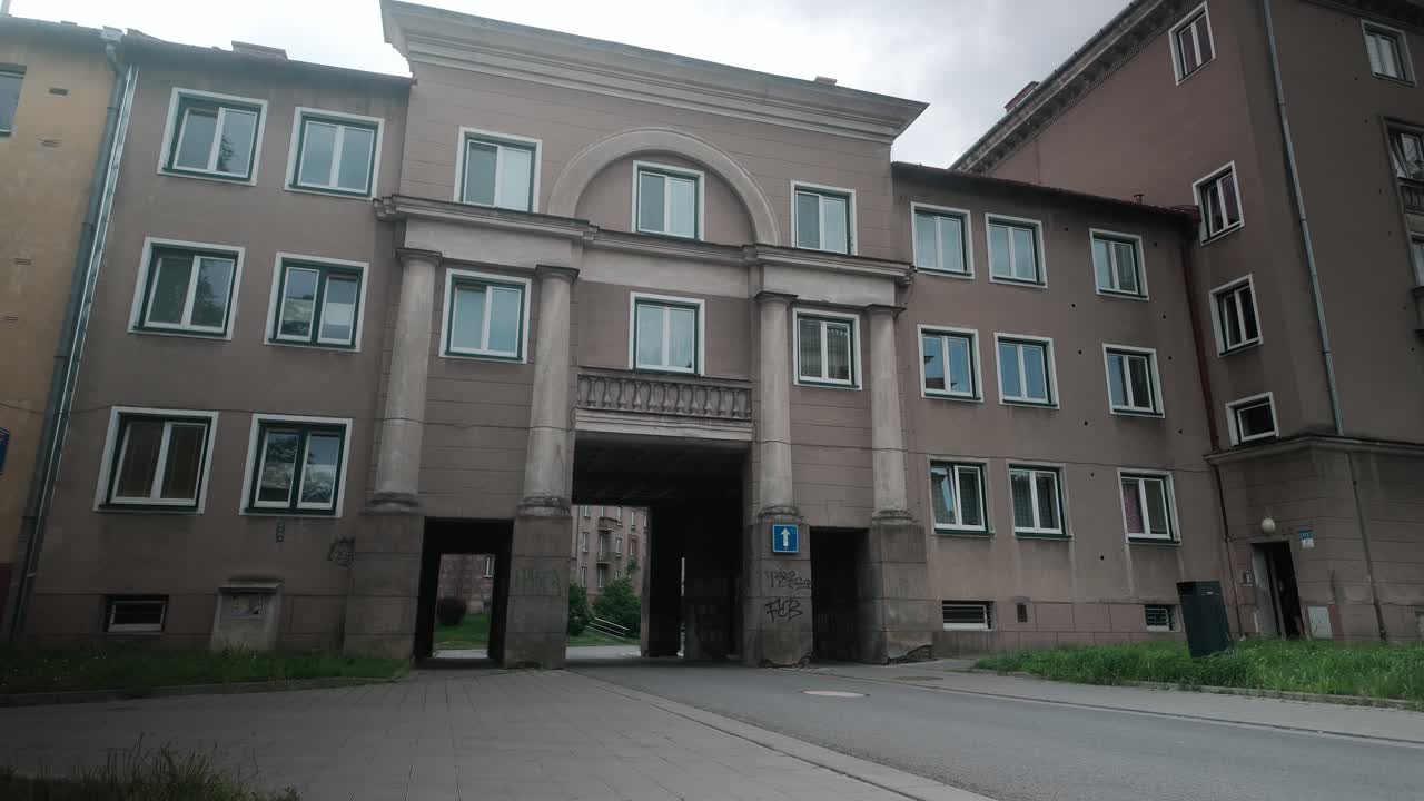 Soviet style residential social housing apartment block architecture PAN shot