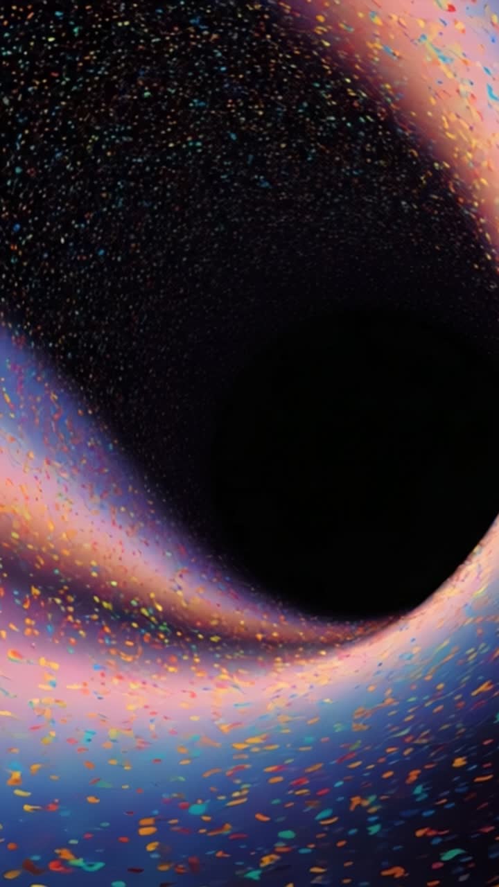 Et fascinerende kosmisk fænomen viser en farverig hvirvelstrøm, der spiralerer ned i en afgrund, hvilket symboliserer sorte hullers kosmiske mysterier og universets undere