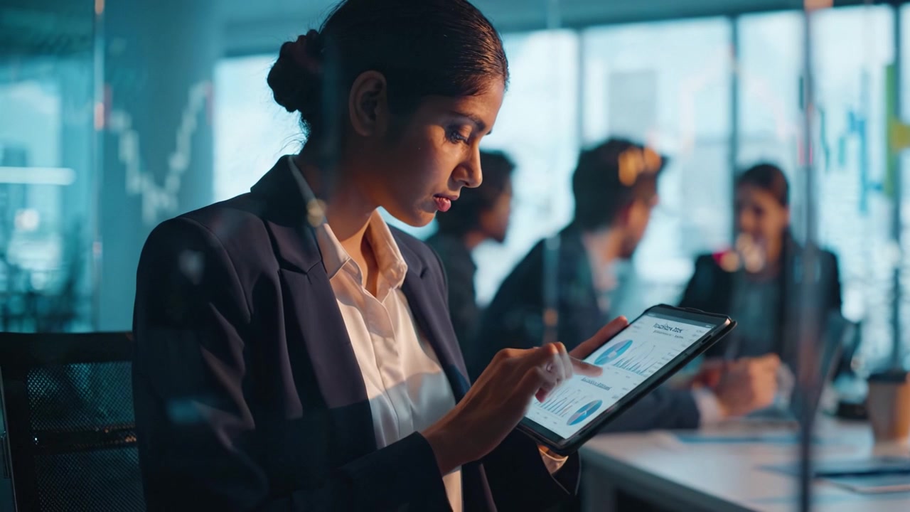 Focused Businesswoman Analyzing Data on Tablet in Modern Office Setting, Engaging with Charts While Collaborating with Team During Productive Meeting