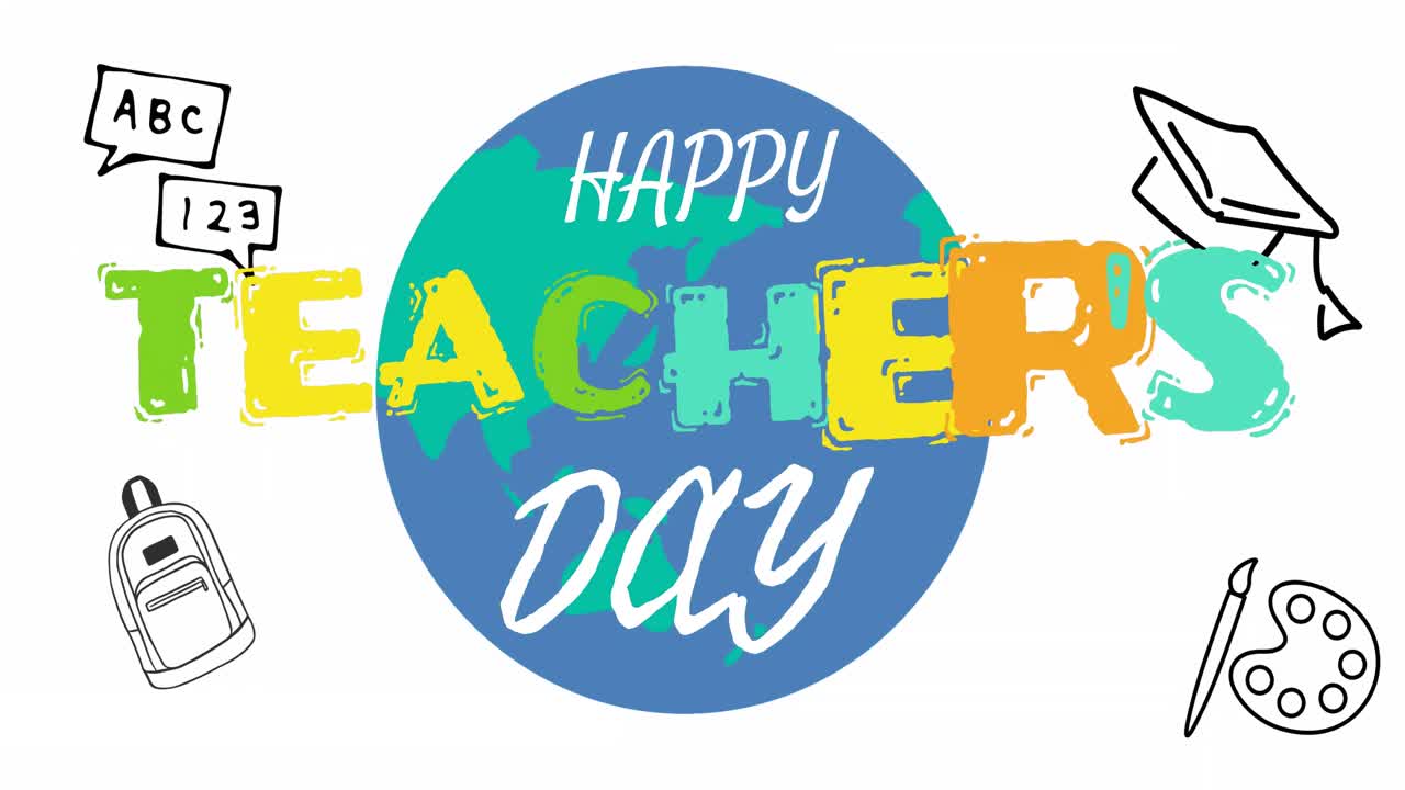 Animation of happy teachers day text over school items icons and globe