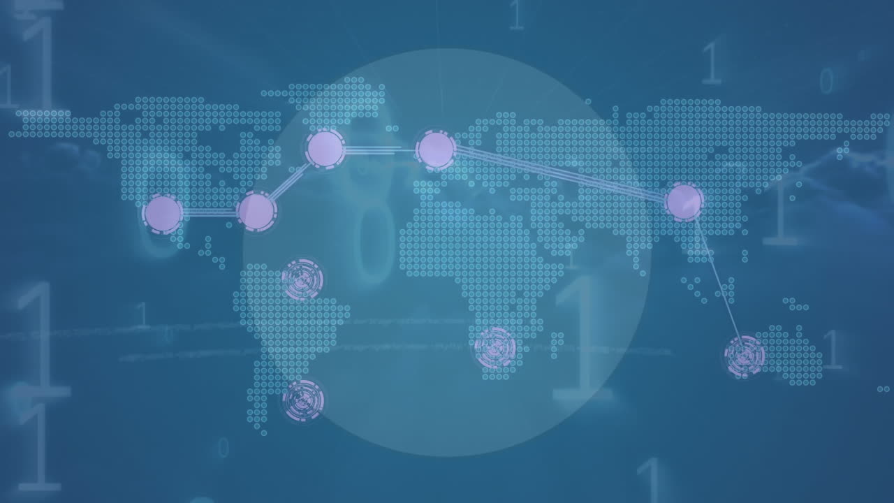 금융 데이터 처리의 애니메이션과 파란색 배경의 세계 지도