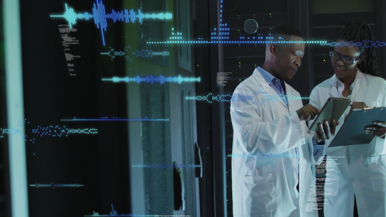 animación del procesamiento de datos a través de diversos técnicos informáticos por servidores informáticos.
