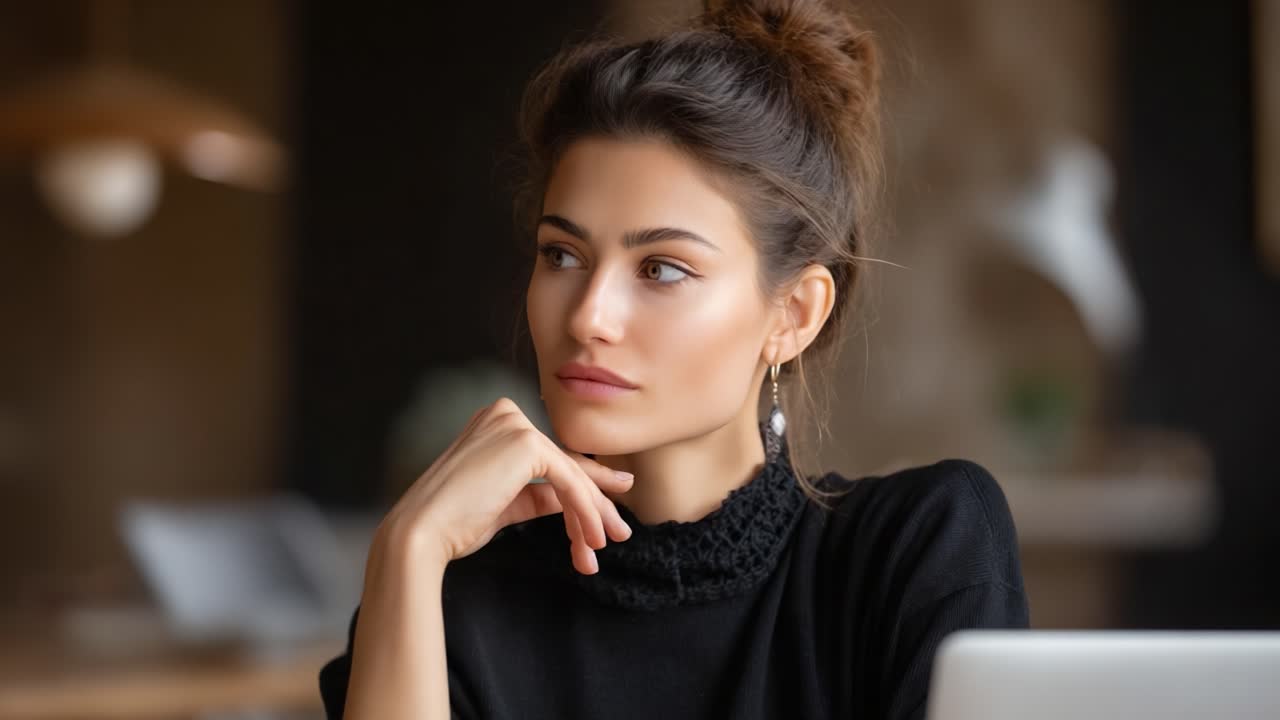 A contemplative woman absorbed in thought, exuding an air of elegance and poise, as she gazes thoughtfully into the distance, lost in her reflections