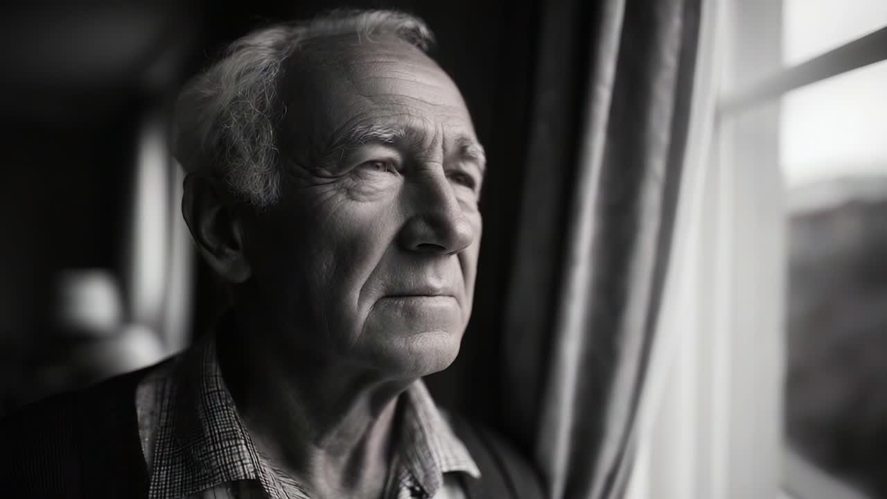 Thoughtful Elderly Man Gazing Out of a Window in Black and White, Reflecting on Life's Journey and Moments, Captured in Two Distinct Frames