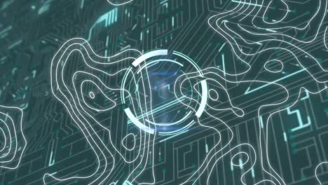 Animation-of-isohypses-and-loading-symbol-over-integrated-circuit