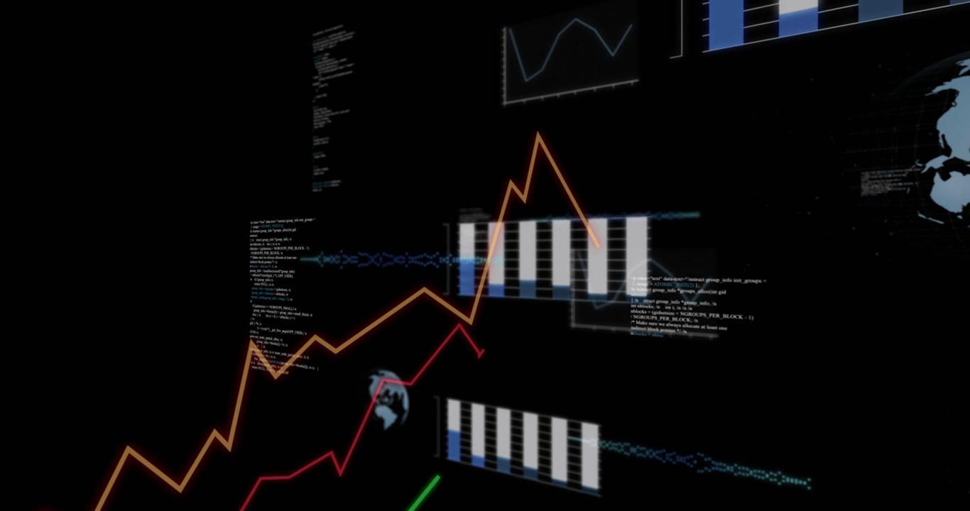 Animación de gráficos y tablas procesando datos sobre un fondo negro