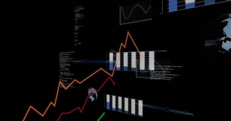 Animación de gráficos y tablas procesando datos sobre un fondo negro