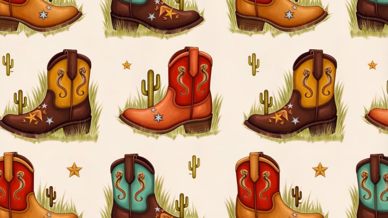 Seamless Pattern of Cartoon Cowboy Boots with Cactuses and Stars